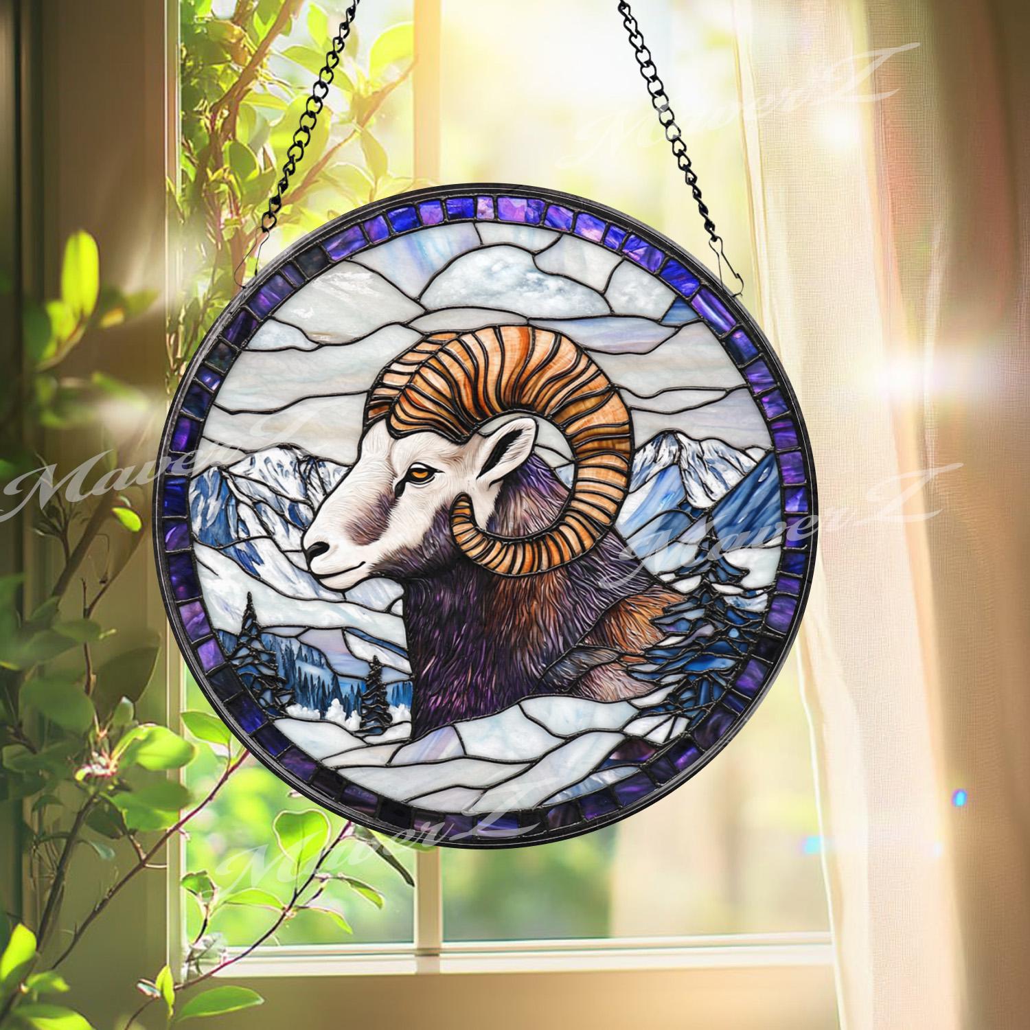 Bighorn Sheep Stained Glass Suncatcher, Mountain Wildlife Window Panel, Ram Decor for Nature Lovers, Rustic Cabin or Lodge Wall Art
