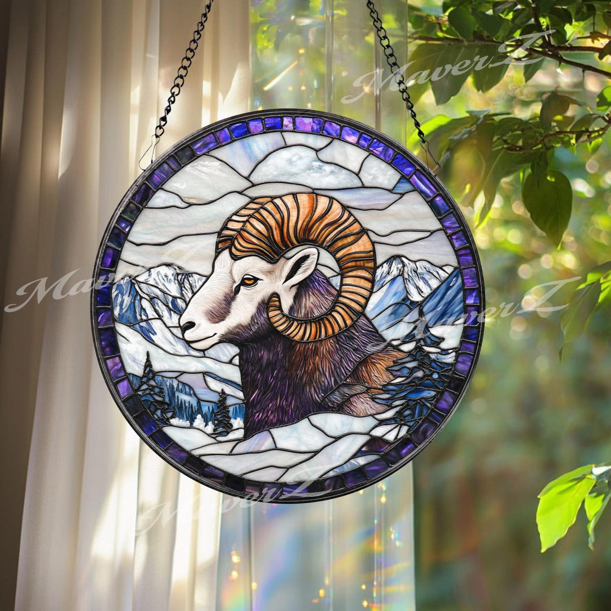Bighorn Sheep Stained Glass Suncatcher, Mountain Wildlife Window Panel, Ram Decor for Nature Lovers, Rustic Cabin or Lodge Wall Art