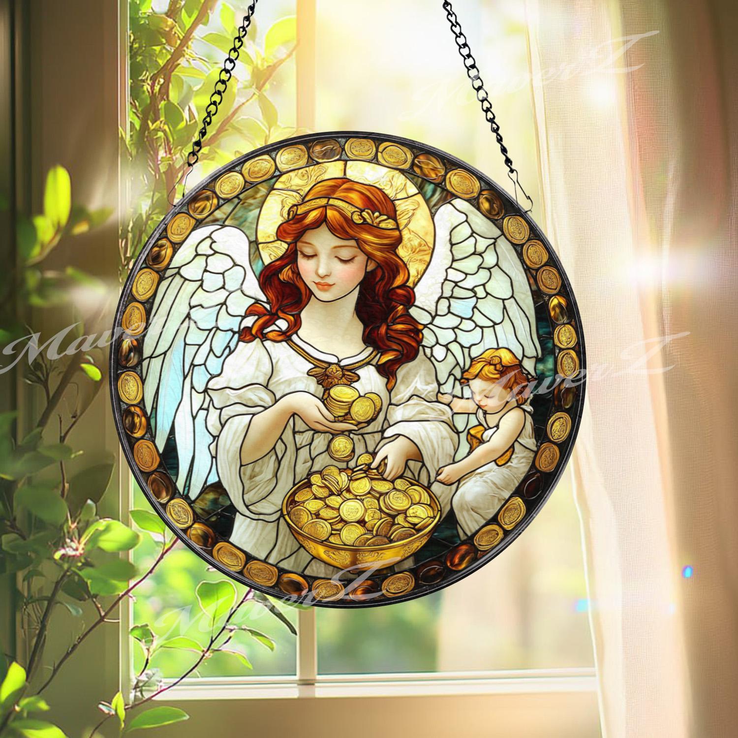 Prosperity Angel Stained Glass Suncatcher, Wealth Blessing Guardian Window Panel, Gold Coin Spiritual Decor, Abundance Gift for Home