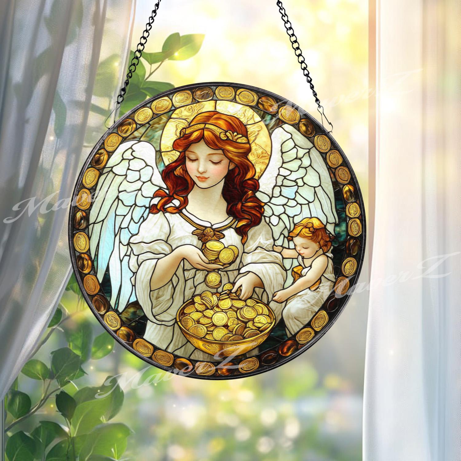 Prosperity Angel Stained Glass Suncatcher, Wealth Blessing Guardian Window Panel, Gold Coin Spiritual Decor, Abundance Gift for Home