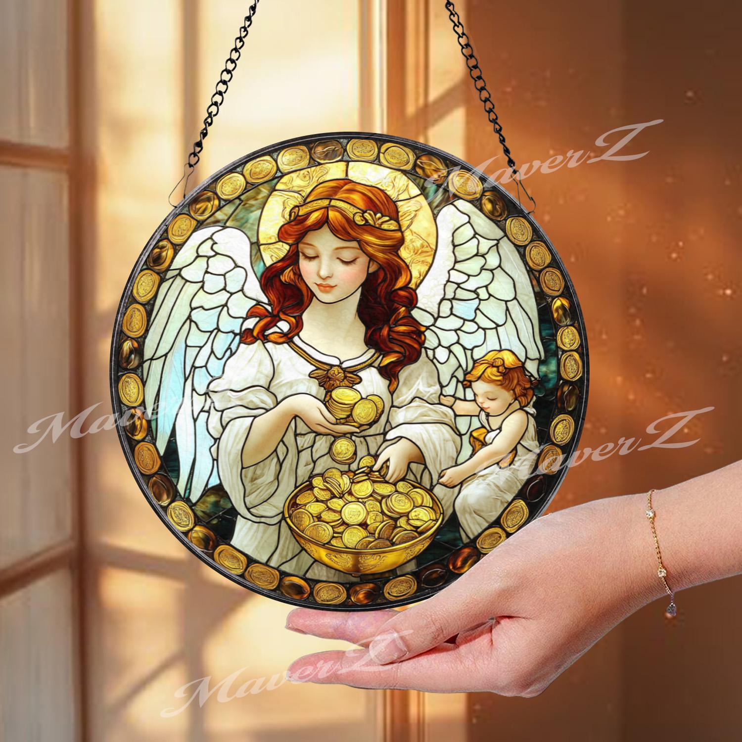 Prosperity Angel Stained Glass Suncatcher, Wealth Blessing Guardian Window Panel, Gold Coin Spiritual Decor, Abundance Gift for Home