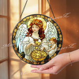 Prosperity Angel Stained Glass Suncatcher, Wealth Blessing Guardian Window Panel, Gold Coin Spiritual Decor, Abundance Gift for Home