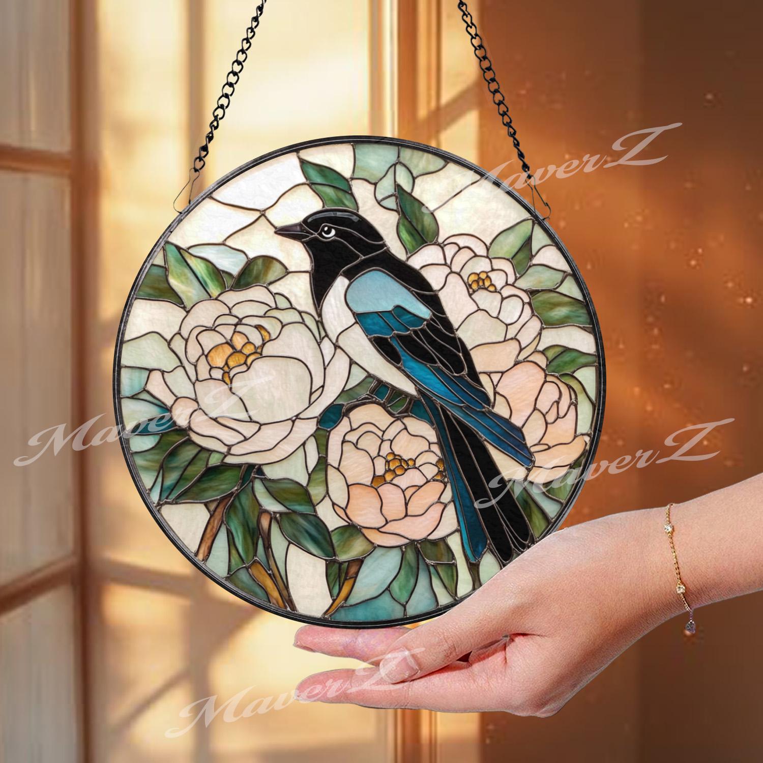 Magpie and Peony Stained Glass Suncatcher, Floral Bird Window Panel, Good Luck Garden Decor, Elegant Nature Round Glass Hanging Art