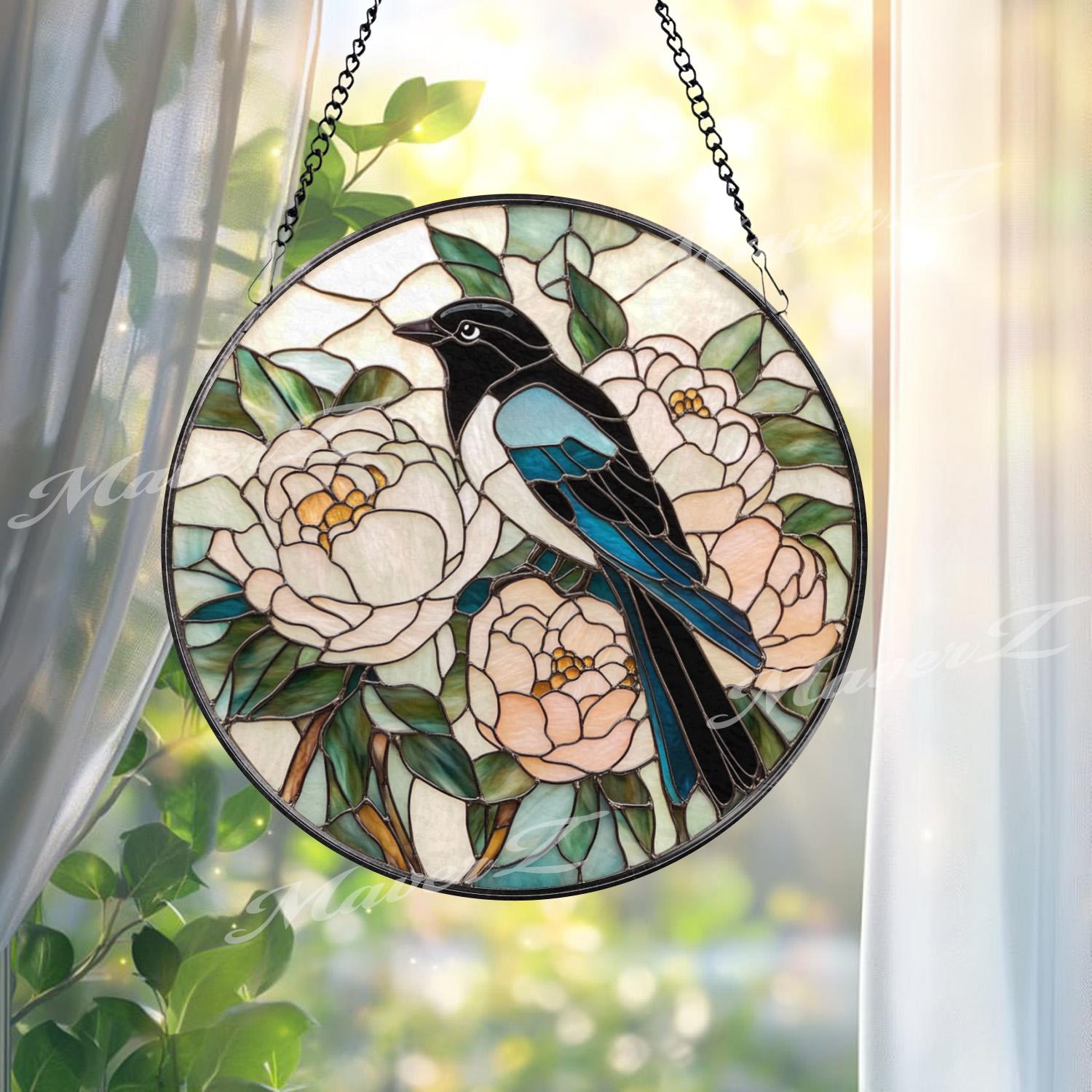 Magpie and Peony Stained Glass Suncatcher, Floral Bird Window Panel, Good Luck Garden Decor, Elegant Nature Round Glass Hanging Art