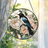Magpie and Peony Stained Glass Suncatcher, Floral Bird Window Panel, Good Luck Garden Decor, Elegant Nature Round Glass Hanging Art