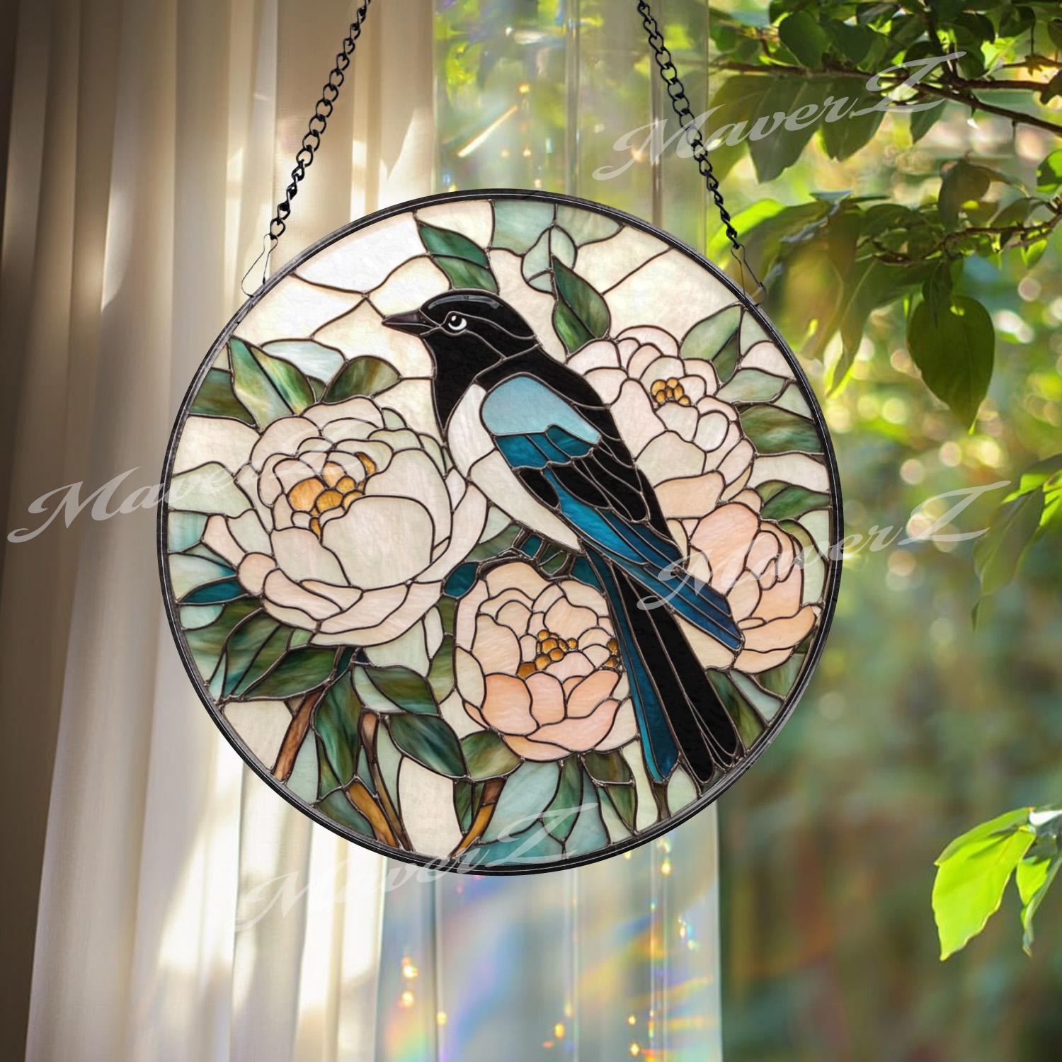 Magpie and Peony Stained Glass Suncatcher, Floral Bird Window Panel, Good Luck Garden Decor, Elegant Nature Round Glass Hanging Art