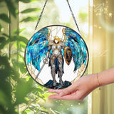Archangel Warrior Stained Glass Suncatcher, Blue Winged Sword Guardian Window Panel, Angel of Protection Fantasy Glass Decor Gift