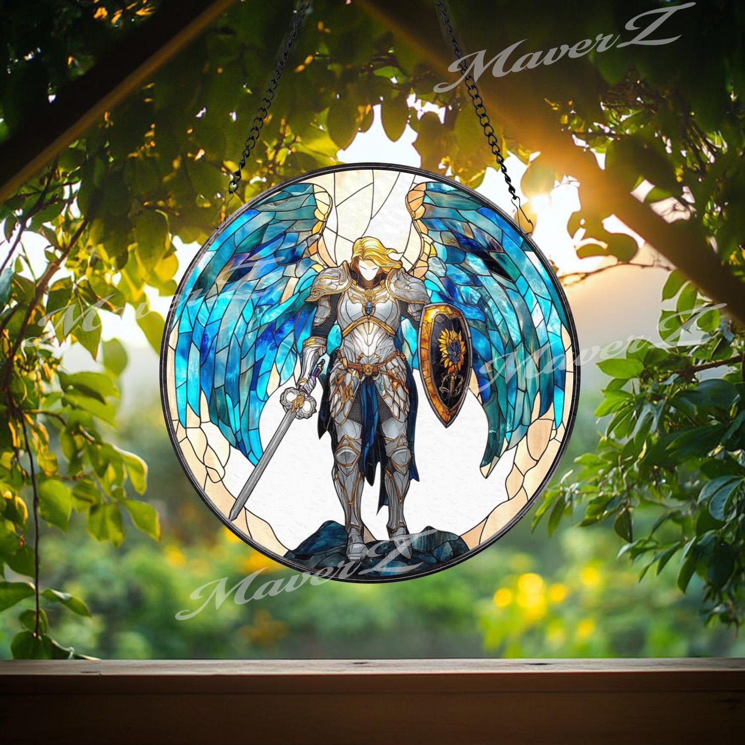 Archangel Warrior Stained Glass Suncatcher, Blue Winged Sword Guardian Window Panel, Angel of Protection Fantasy Glass Decor Gift