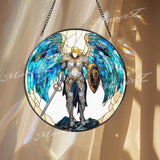 Archangel Warrior Stained Glass Suncatcher, Blue Winged Sword Guardian Window Panel, Angel of Protection Fantasy Glass Decor Gift