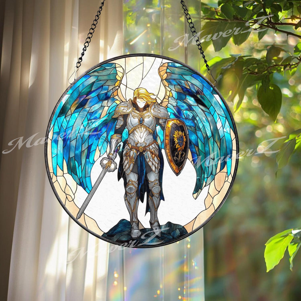 Archangel Warrior Stained Glass Suncatcher, Blue Winged Sword Guardian Window Panel, Angel of Protection Fantasy Glass Decor Gift
