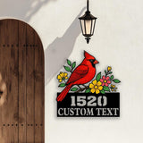Cardinal Address Sign with Flowers, Custom House Number Metal Sign, Red Bird Outdoor Decor, Personalized Plaque for Garden or Home