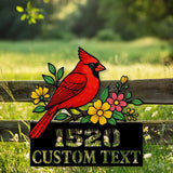 Cardinal Address Sign with Flowers, Custom House Number Metal Sign, Red Bird Outdoor Decor, Personalized Plaque for Garden or Home