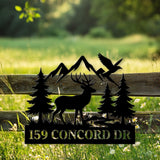 Deer Cabin Address Sign, Custom Metal House Number Plaque with Mountains & Pines, Rustic Outdoor Decor for Lodge, Camp, or Forest Home