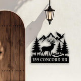 Deer Cabin Address Sign, Custom Metal House Number Plaque with Mountains & Pines, Rustic Outdoor Decor for Lodge, Camp, or Forest Home