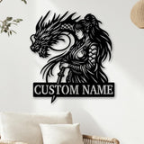Custom Dragon Warrior Metal Sign, Personalized Female Samurai Wall Art, Fantasy Dragon Name Plate, Unique Gift for Gamers or Anime Fans