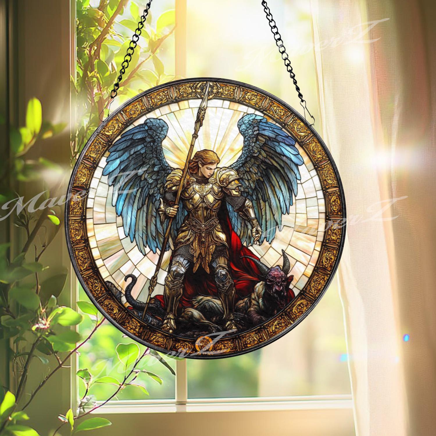 St. Michael Stained Glass Suncatcher, Archangel Defeating Demon Window Art, Christian Warrior Angel Panel, Spiritual Home Decor