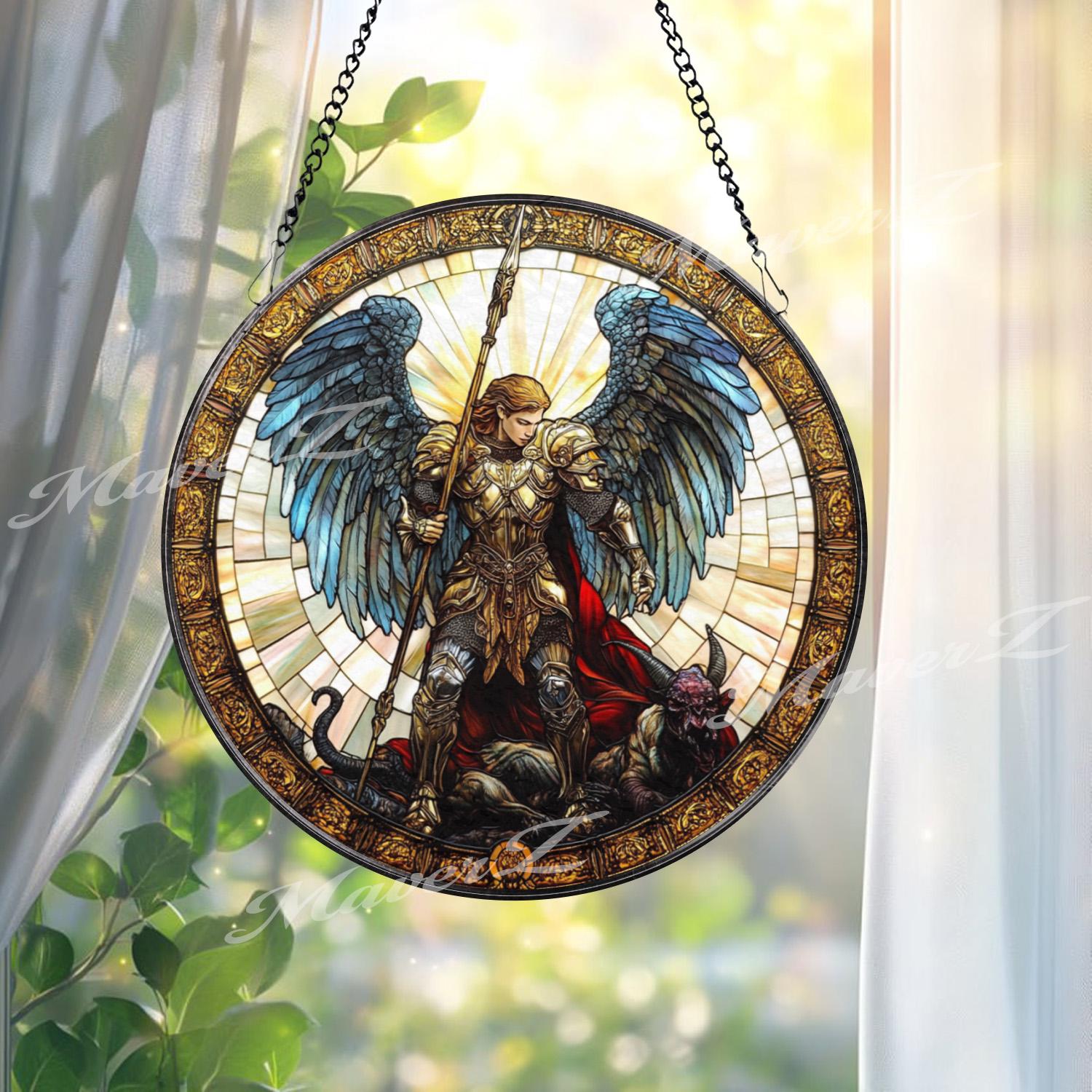 St. Michael Stained Glass Suncatcher, Archangel Defeating Demon Window Art, Christian Warrior Angel Panel, Spiritual Home Decor