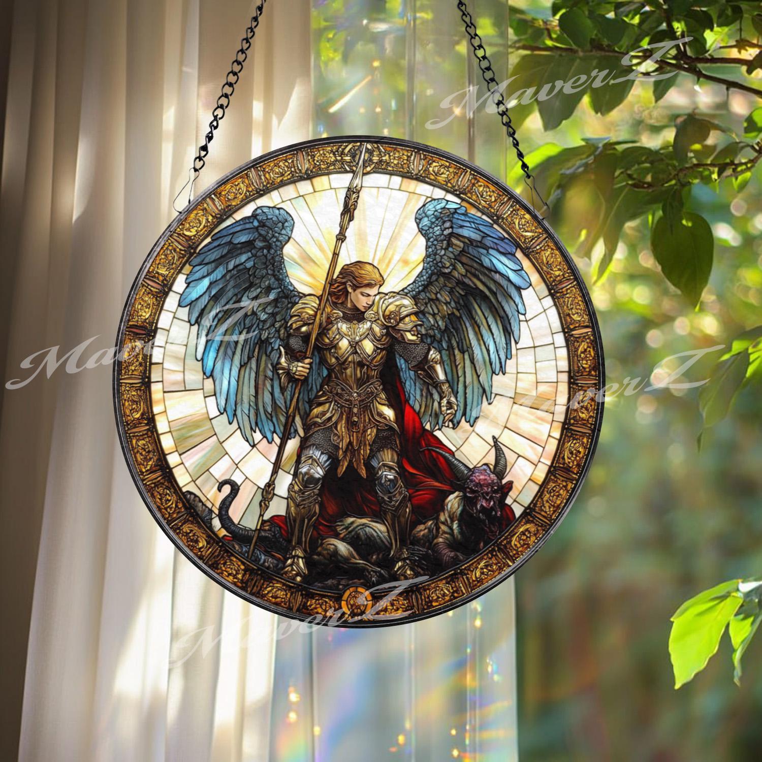 St. Michael Stained Glass Suncatcher, Archangel Defeating Demon Window Art, Christian Warrior Angel Panel, Spiritual Home Decor
