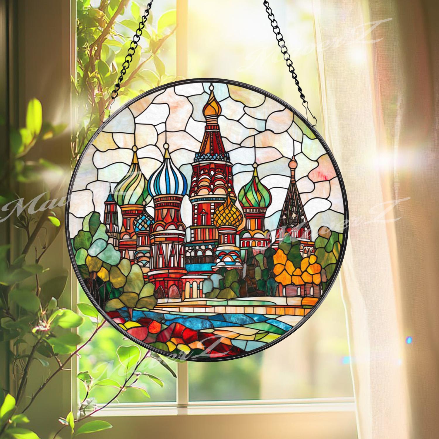 St. Basil Cathedral Stained Glass Suncatcher, Russia Landmark Window Hanging Decor, Colorful Travel Gift, Moscow Architecture Glass Art