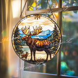 Moose and Calf Stained Glass Suncatcher, Rustic Wildlife Window Hanging, Forest Mountain Scene Glass Art, Nature Lover Cabin Decor Gift