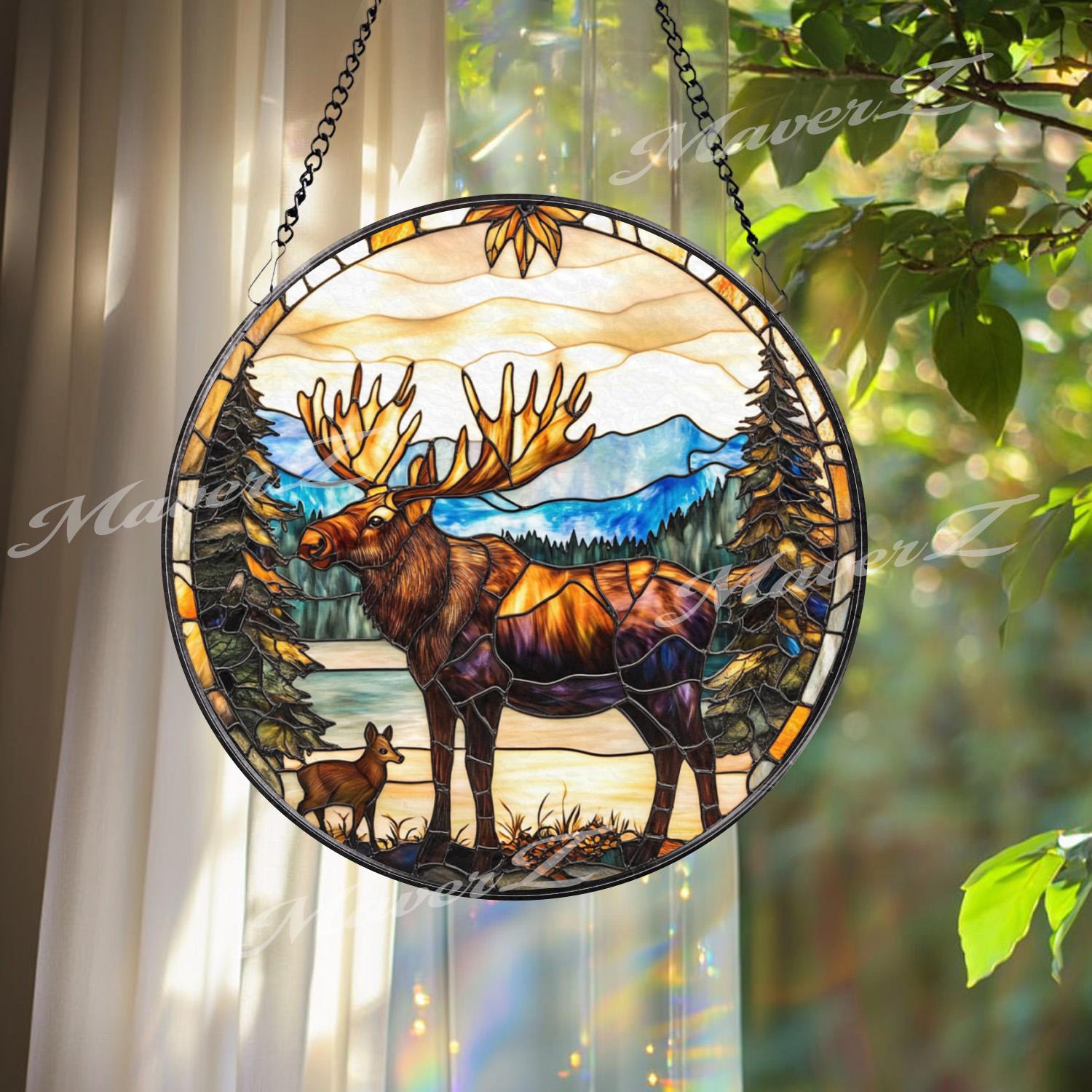 Moose and Calf Stained Glass Suncatcher, Rustic Wildlife Window Hanging, Forest Mountain Scene Glass Art, Nature Lover Cabin Decor Gift