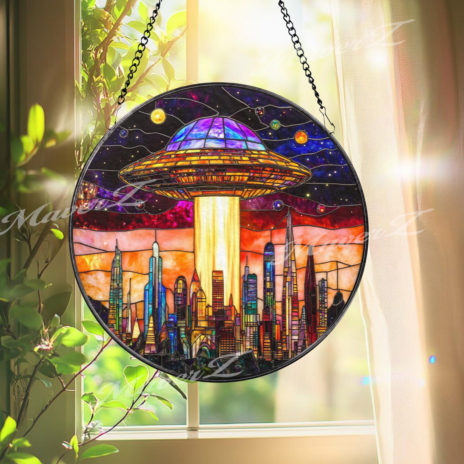 UFO Stained Glass Suncatcher, Alien Spaceship Window Hanging, Sci-Fi Space Decor, Futuristic City Skyline Art, Gift for Sci-Fi Lovers