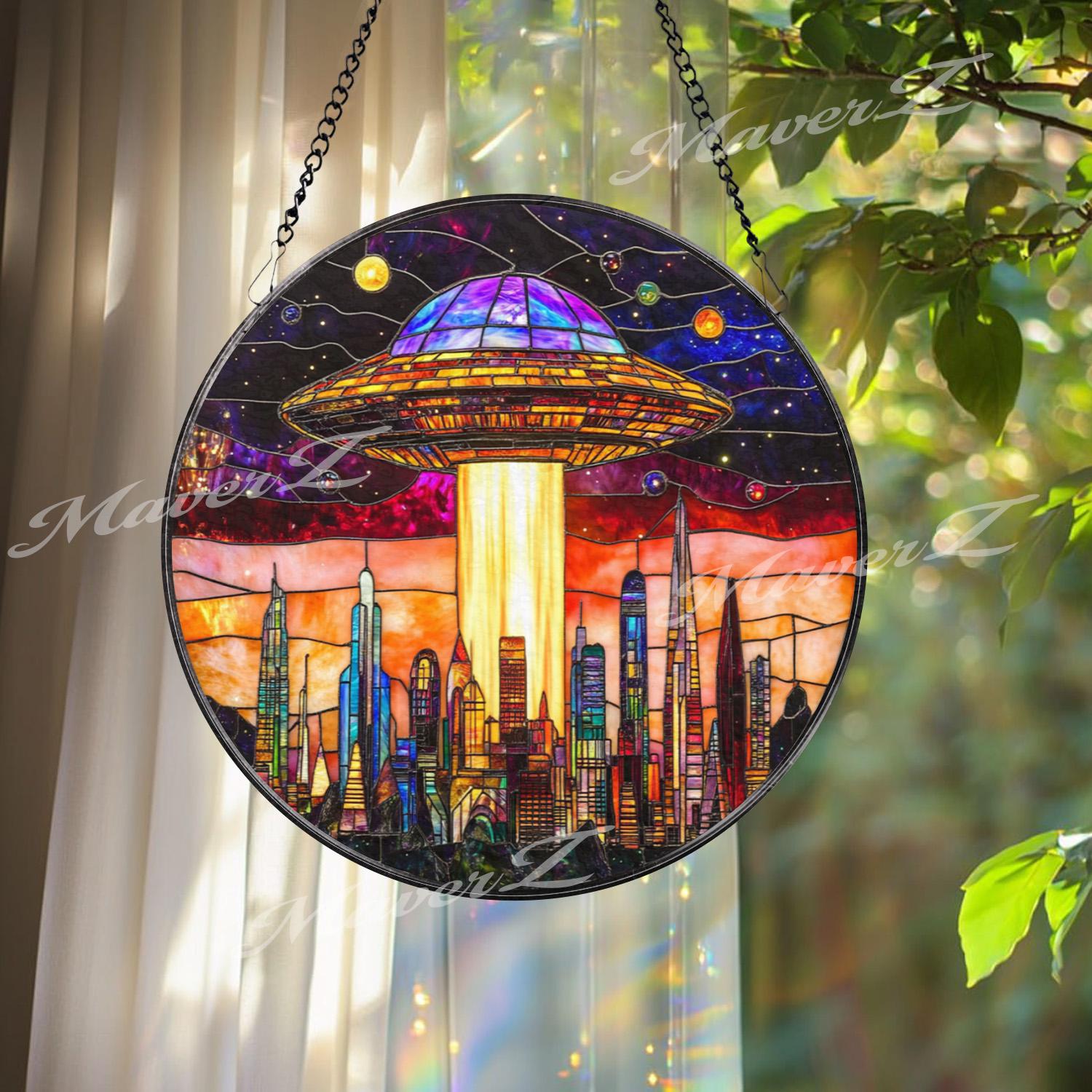 UFO Stained Glass Suncatcher, Alien Spaceship Window Hanging, Sci-Fi Space Decor, Futuristic City Skyline Art, Gift for Sci-Fi Lovers