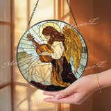 Angel Playing Guitar Stained Glass Suncatcher, Spiritual Window Hanging, Guardian Angel Art Panel, Memorial or Sympathy Gift