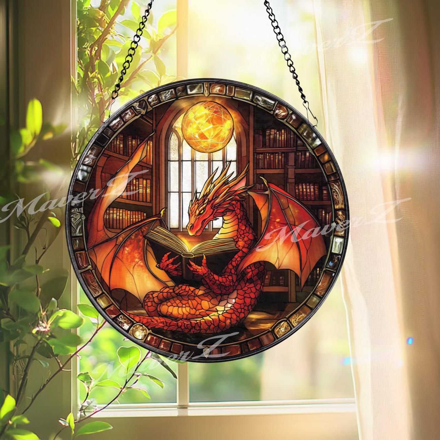 Red Dragon Reading Book Stained Glass Suncatcher, Fantasy Window Hanging, Library Dragon Decor, Magic Lover Gift Idea