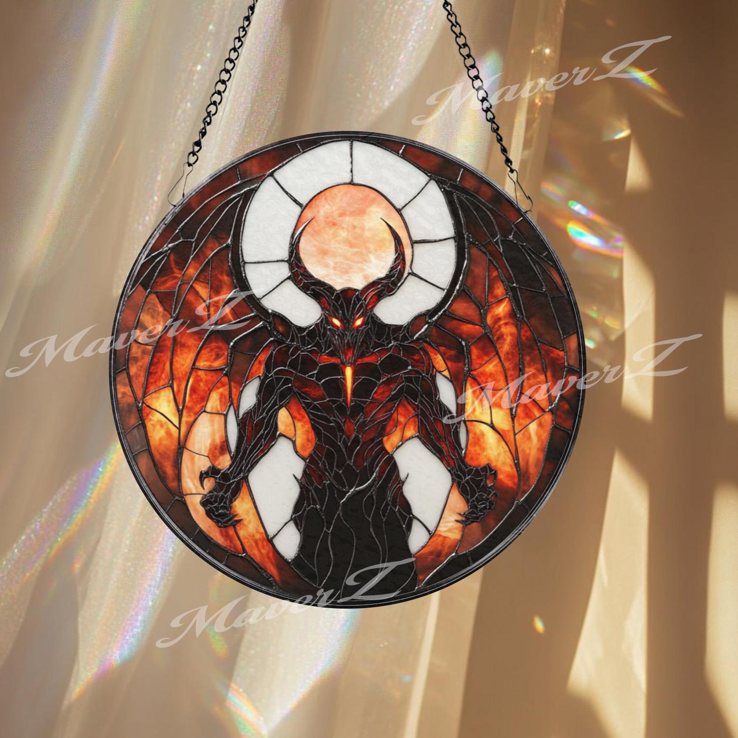 Inferno Demon Stained Glass Suncatcher, Dark Fantasy Window Hanging Art, Gothic Hellfire Decor for Horror & Mythology Lovers