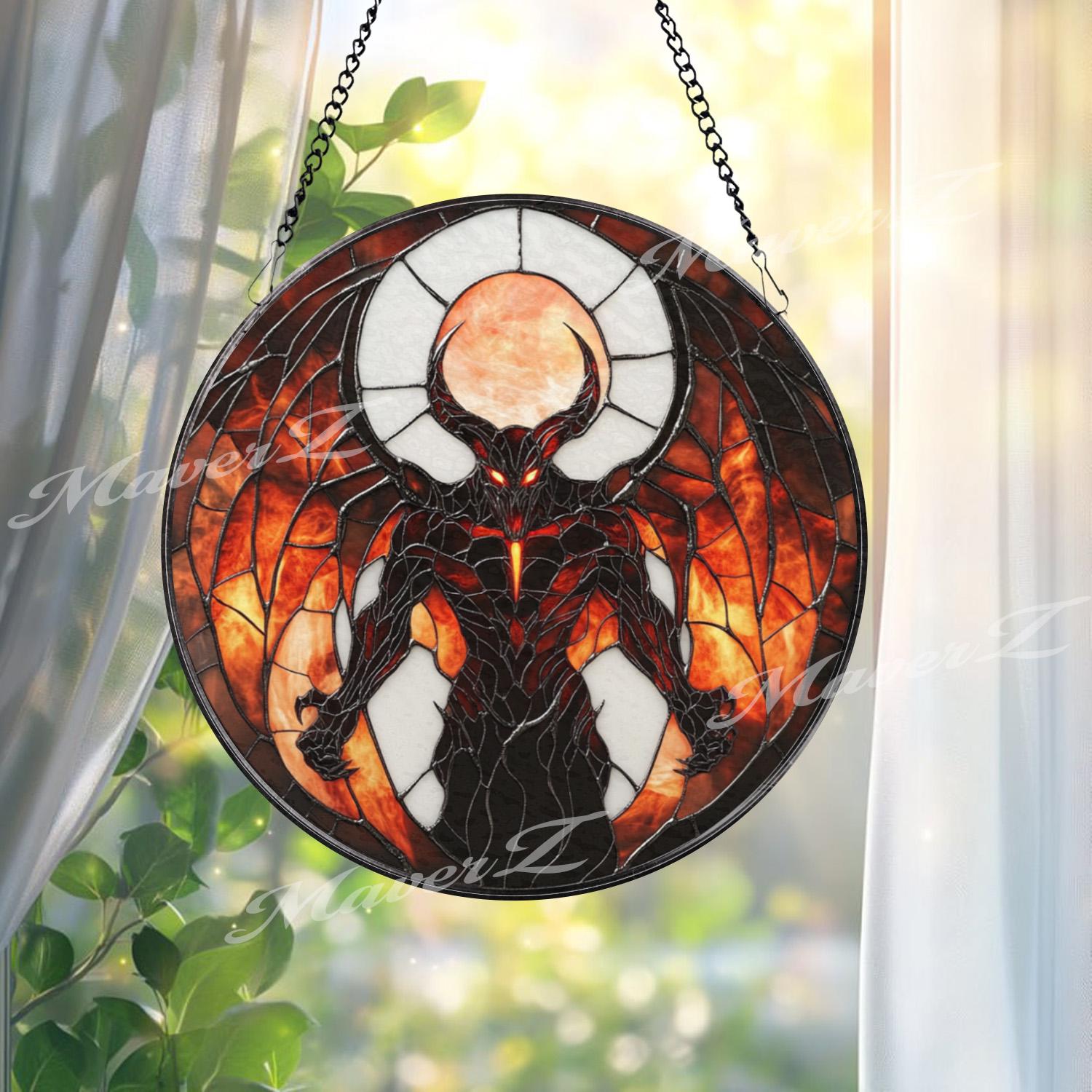 Inferno Demon Stained Glass Suncatcher, Dark Fantasy Window Hanging Art, Gothic Hellfire Decor for Horror & Mythology Lovers