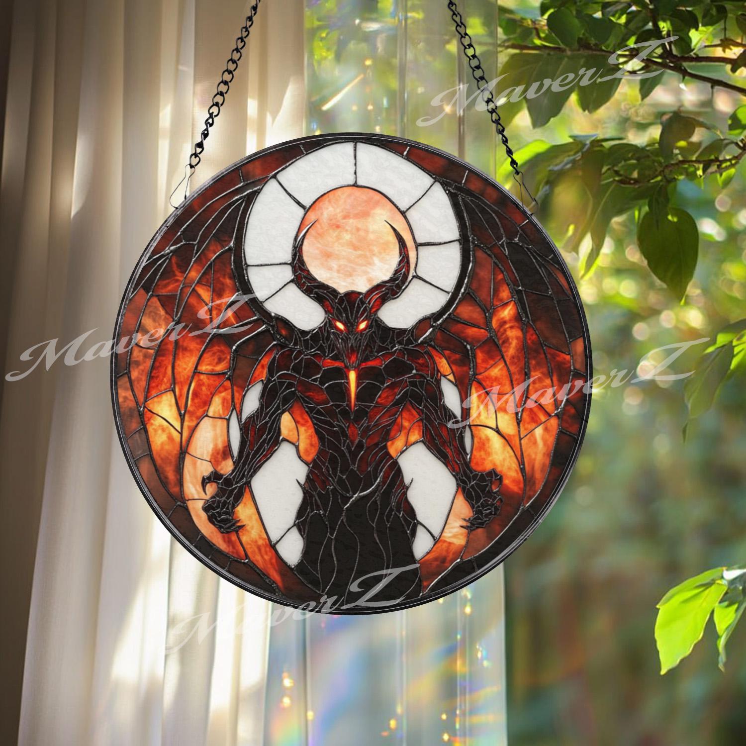 Inferno Demon Stained Glass Suncatcher, Dark Fantasy Window Hanging Art, Gothic Hellfire Decor for Horror & Mythology Lovers