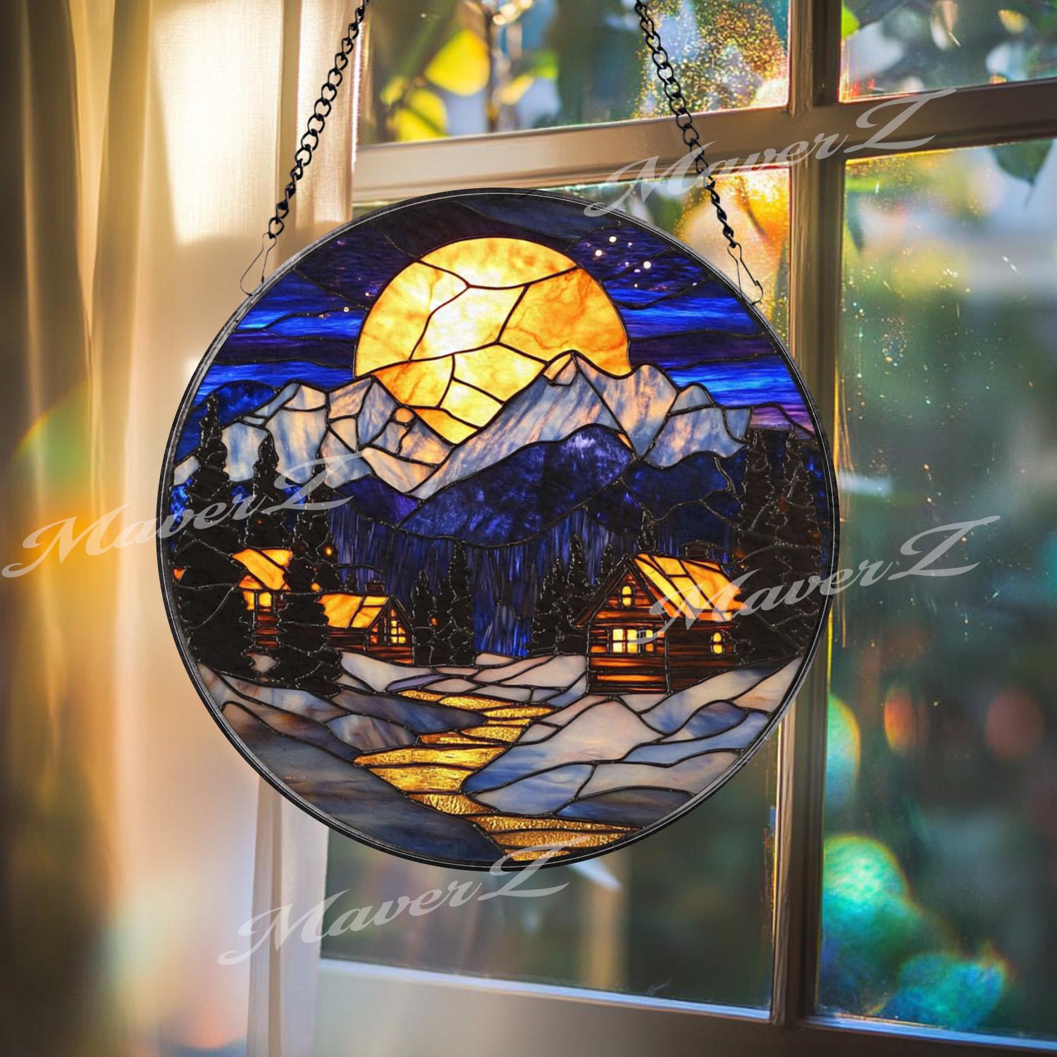 Moonlit Winter Cabin Stained Glass Suncatcher, Cozy Snowy Mountain Window Art, Rustic Holiday Home Decor, Winter Lodge Gift