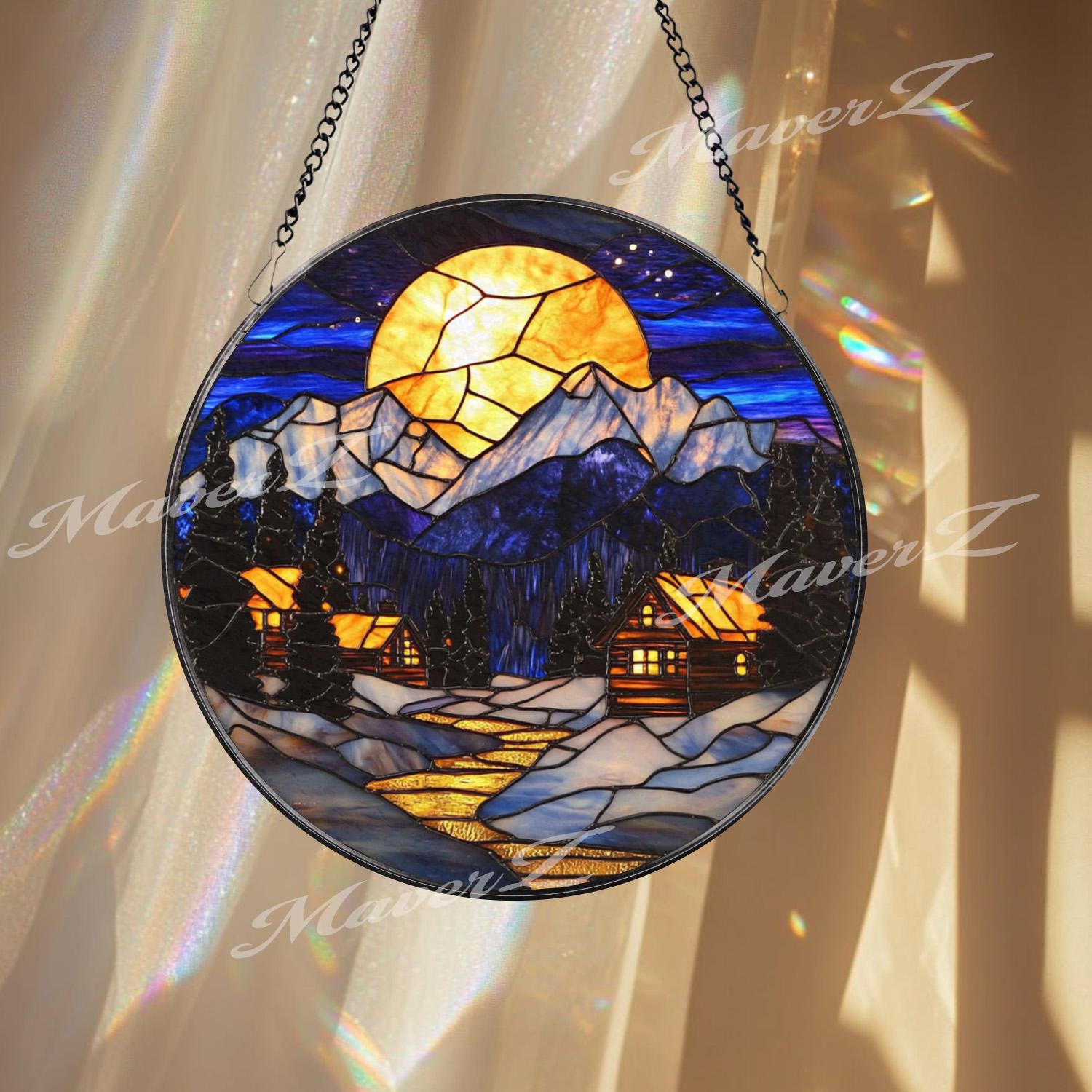 Moonlit Winter Cabin Stained Glass Suncatcher, Cozy Snowy Mountain Window Art, Rustic Holiday Home Decor, Winter Lodge Gift