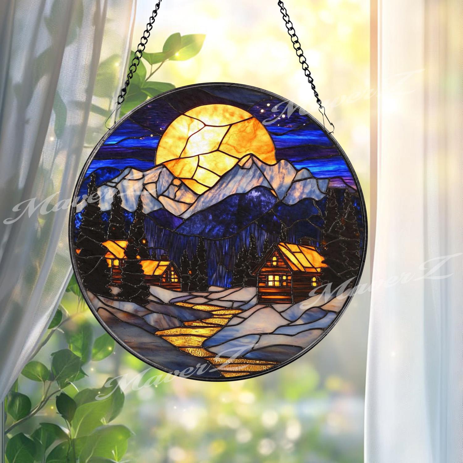 Moonlit Winter Cabin Stained Glass Suncatcher, Cozy Snowy Mountain Window Art, Rustic Holiday Home Decor, Winter Lodge Gift