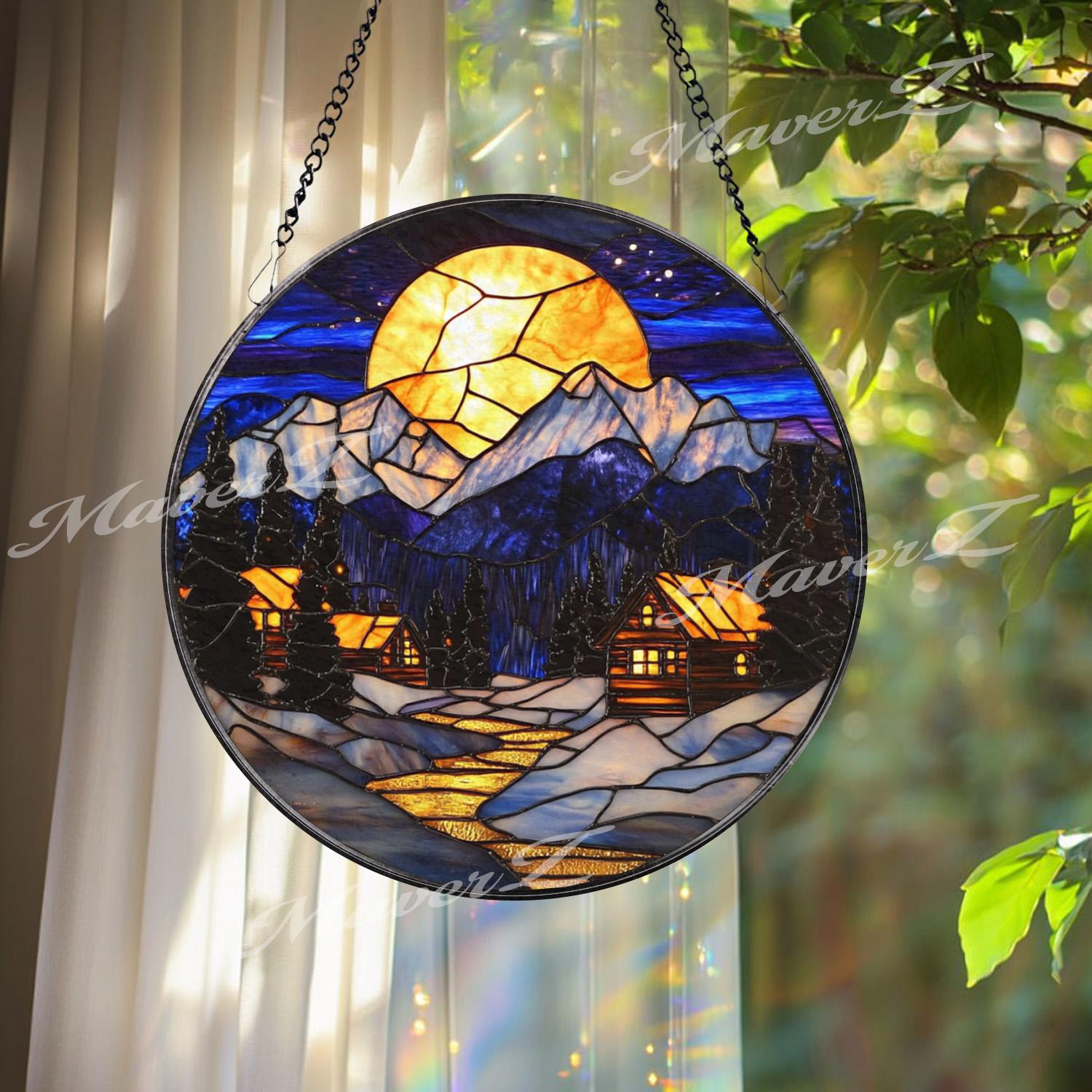 Moonlit Winter Cabin Stained Glass Suncatcher, Cozy Snowy Mountain Window Art, Rustic Holiday Home Decor, Winter Lodge Gift