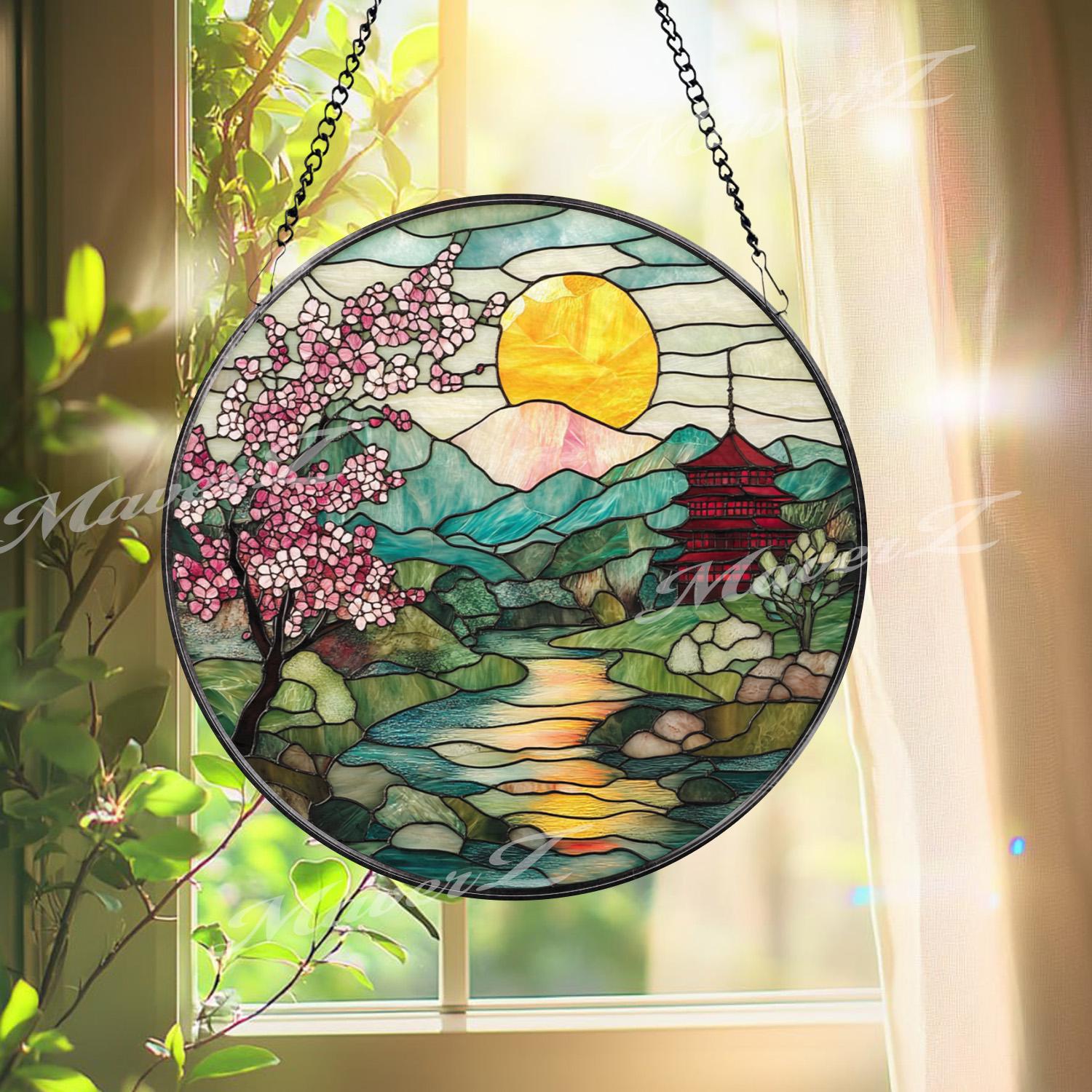 Cherry Blossom Stained Glass Suncatcher, Japanese Sunrise Landscape Panel, Mountain River Window Decor, Pagoda Garden Gift