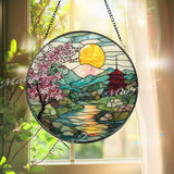 Cherry Blossom Stained Glass Suncatcher, Japanese Sunrise Landscape Panel, Mountain River Window Decor, Pagoda Garden Gift