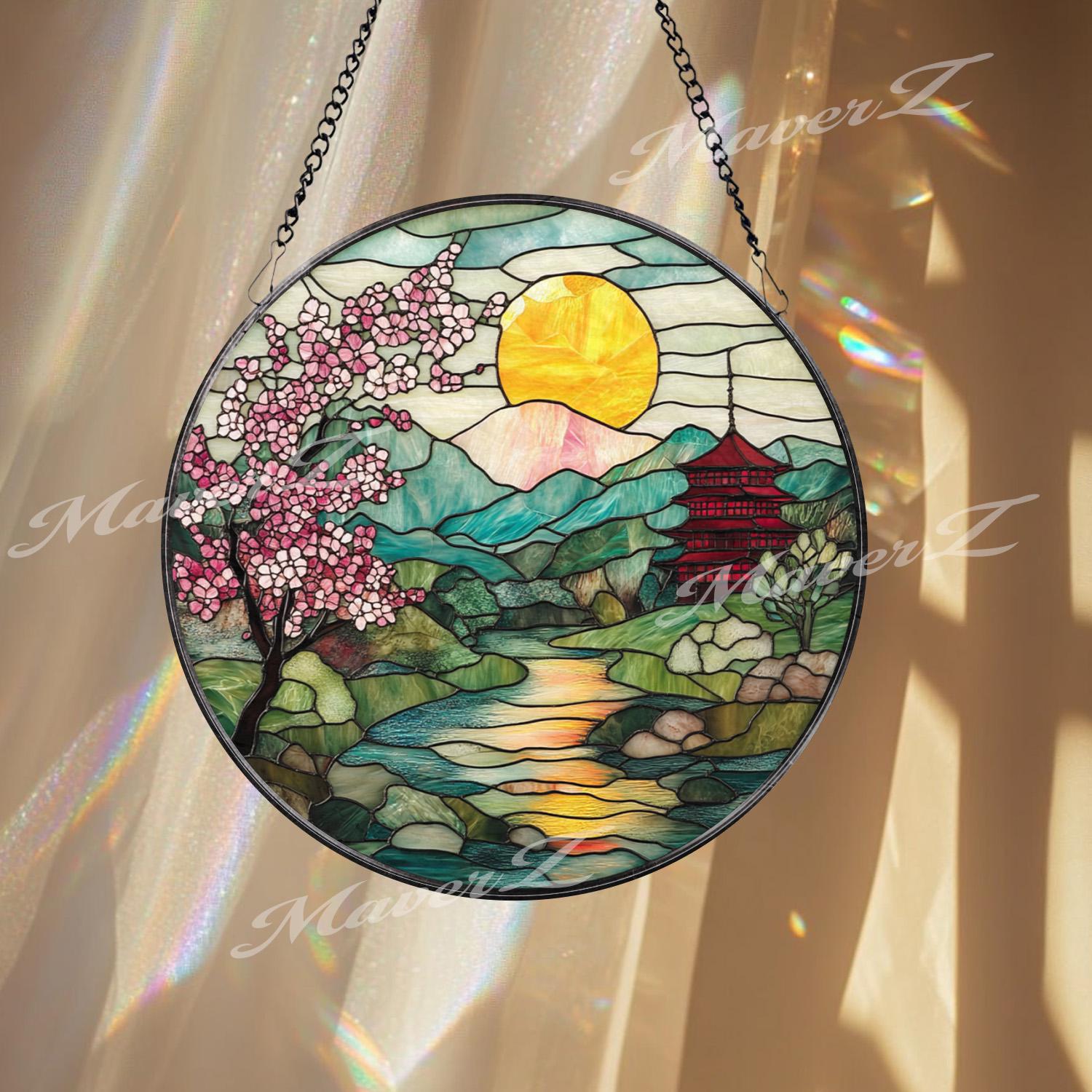 Cherry Blossom Stained Glass Suncatcher, Japanese Sunrise Landscape Panel, Mountain River Window Decor, Pagoda Garden Gift