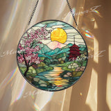 Cherry Blossom Stained Glass Suncatcher, Japanese Sunrise Landscape Panel, Mountain River Window Decor, Pagoda Garden Gift