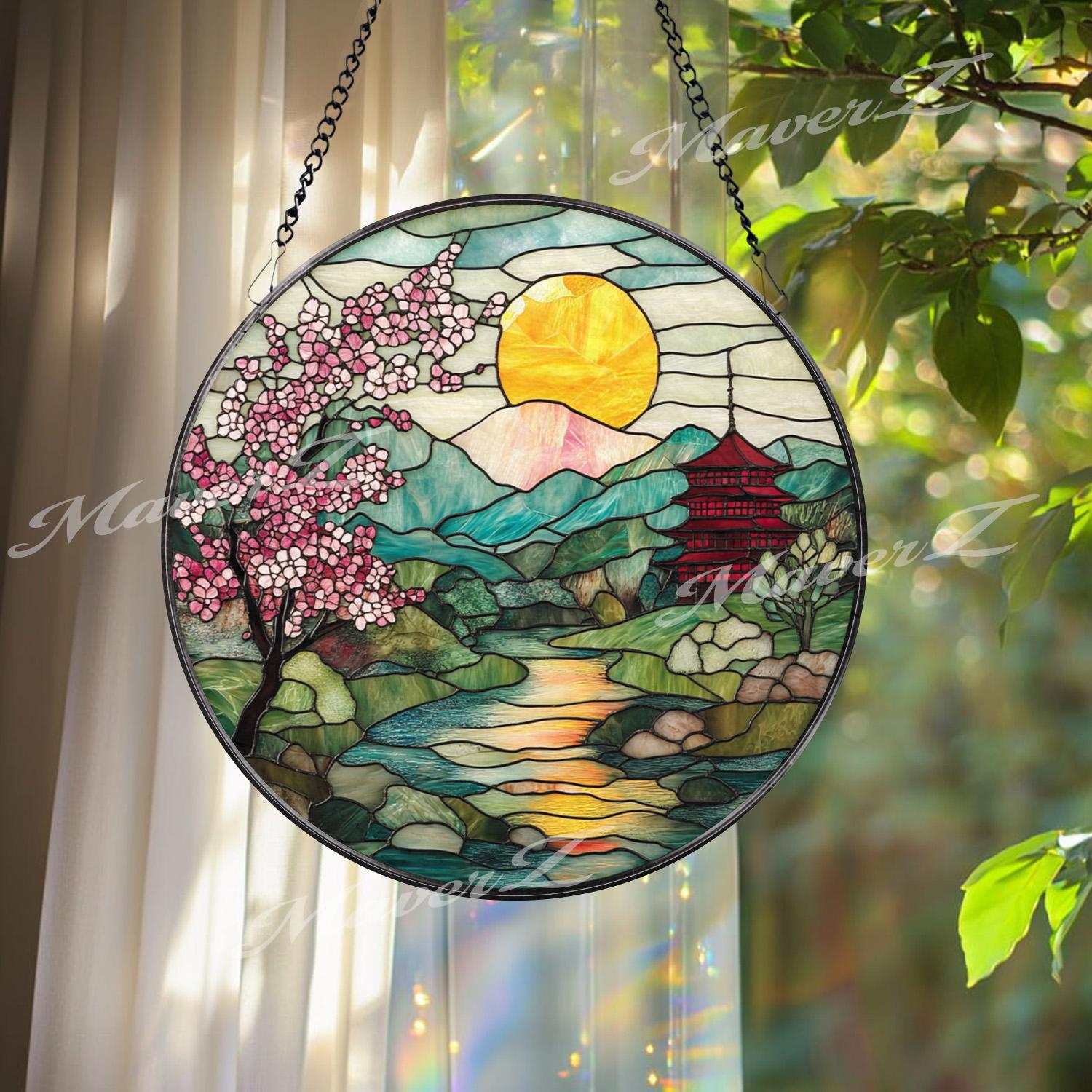 Cherry Blossom Stained Glass Suncatcher, Japanese Sunrise Landscape Panel, Mountain River Window Decor, Pagoda Garden Gift