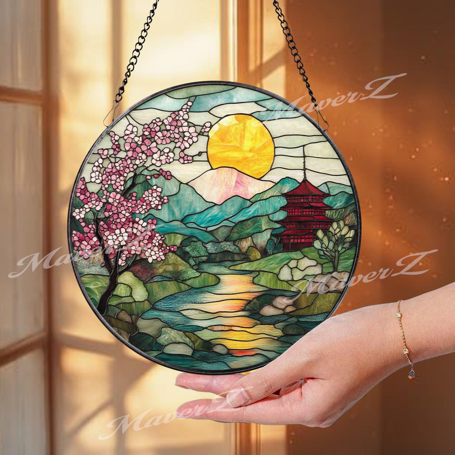 Cherry Blossom Stained Glass Suncatcher, Japanese Sunrise Landscape Panel, Mountain River Window Decor, Pagoda Garden Gift