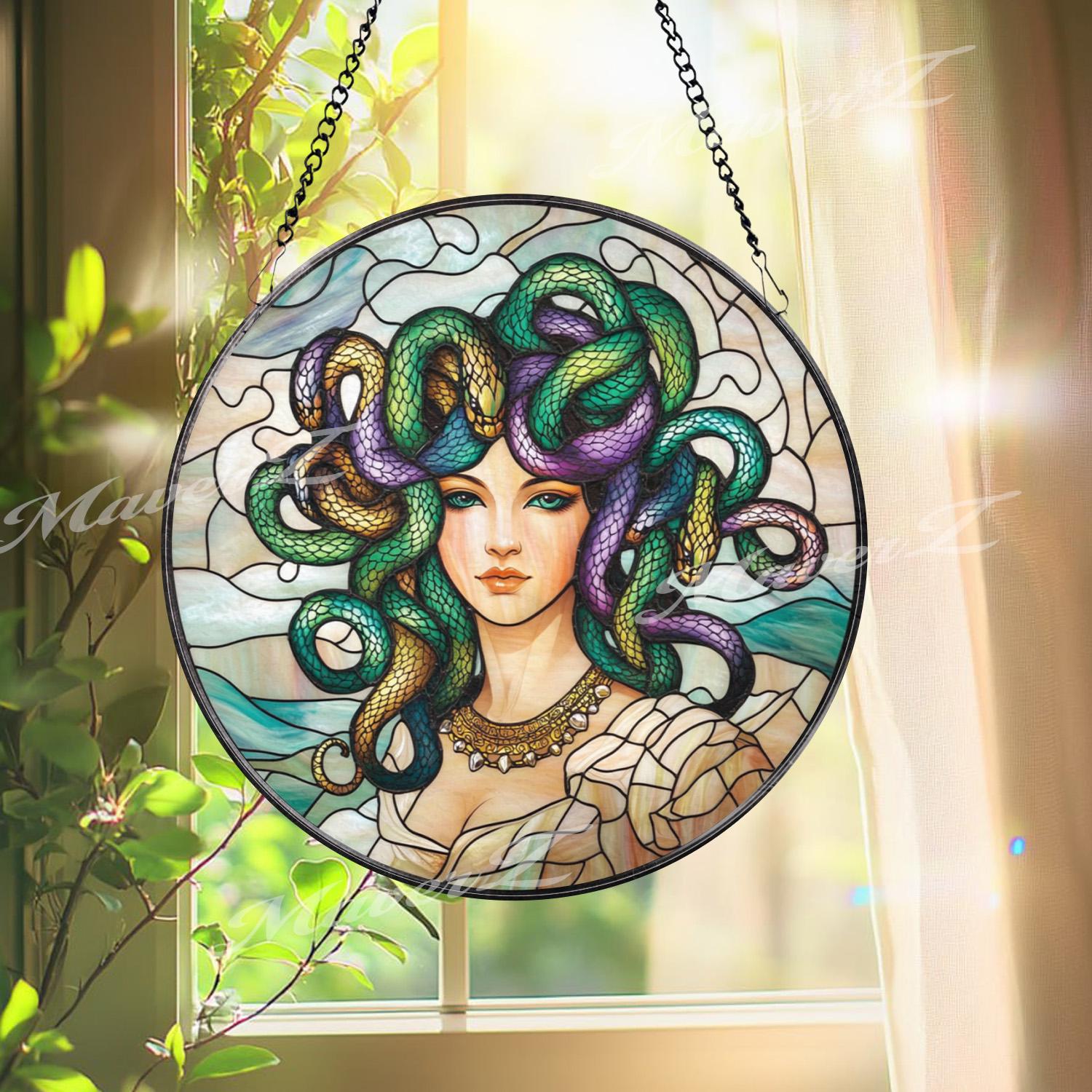 Medusa Stained Glass Suncatcher, Mythical Goddess Window Panel, Greek Mythology Decor, Feminine Serpent Hair Art Gift