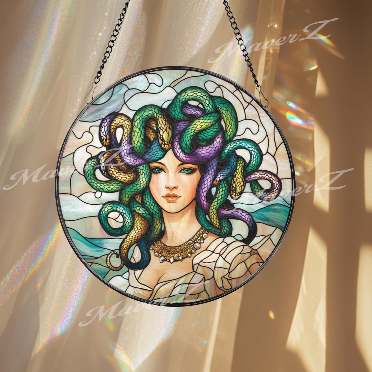 Medusa Stained Glass Suncatcher, Mythical Goddess Window Panel, Greek Mythology Decor, Feminine Serpent Hair Art Gift