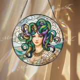 Medusa Stained Glass Suncatcher, Mythical Goddess Window Panel, Greek Mythology Decor, Feminine Serpent Hair Art Gift