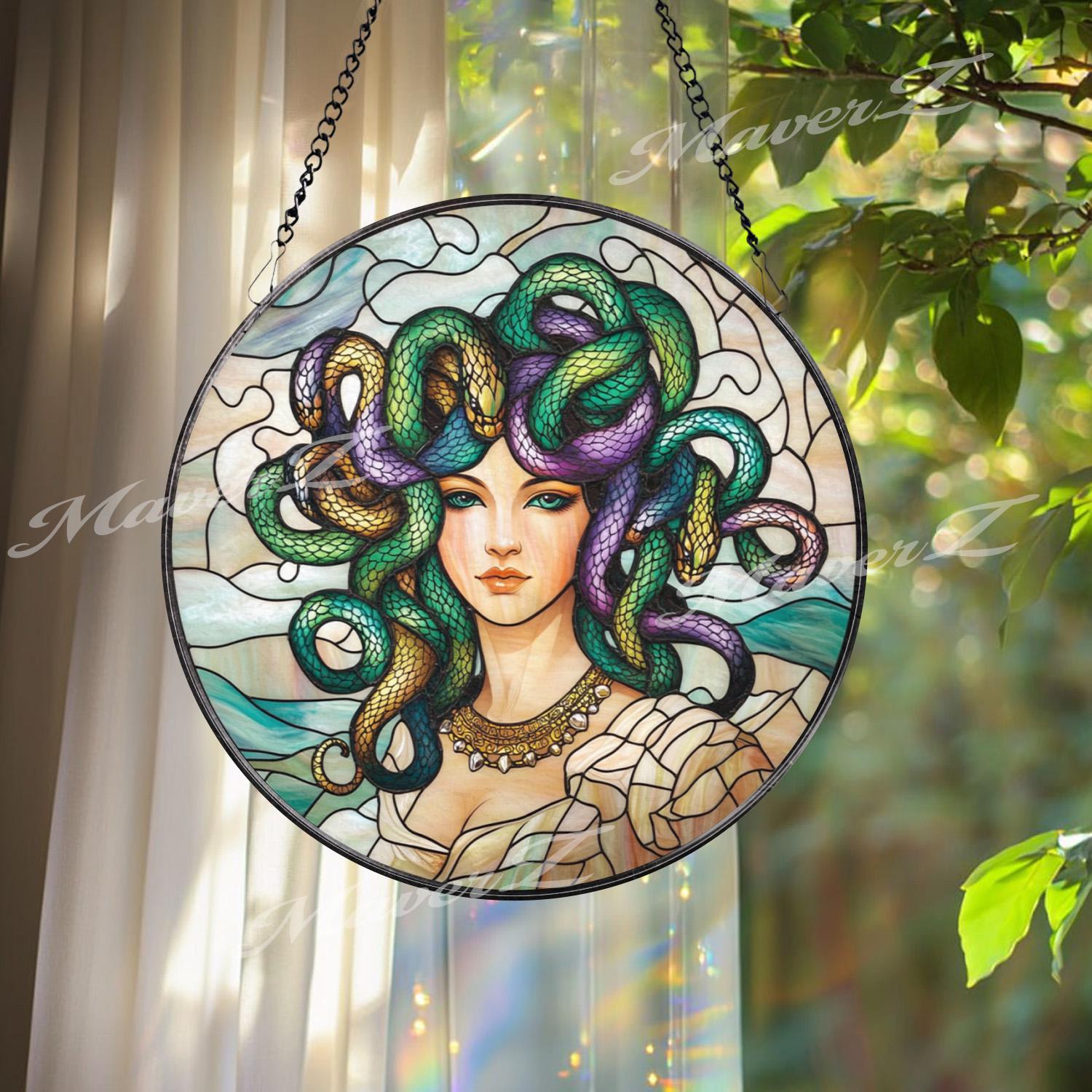 Medusa Stained Glass Suncatcher, Mythical Goddess Window Panel, Greek Mythology Decor, Feminine Serpent Hair Art Gift