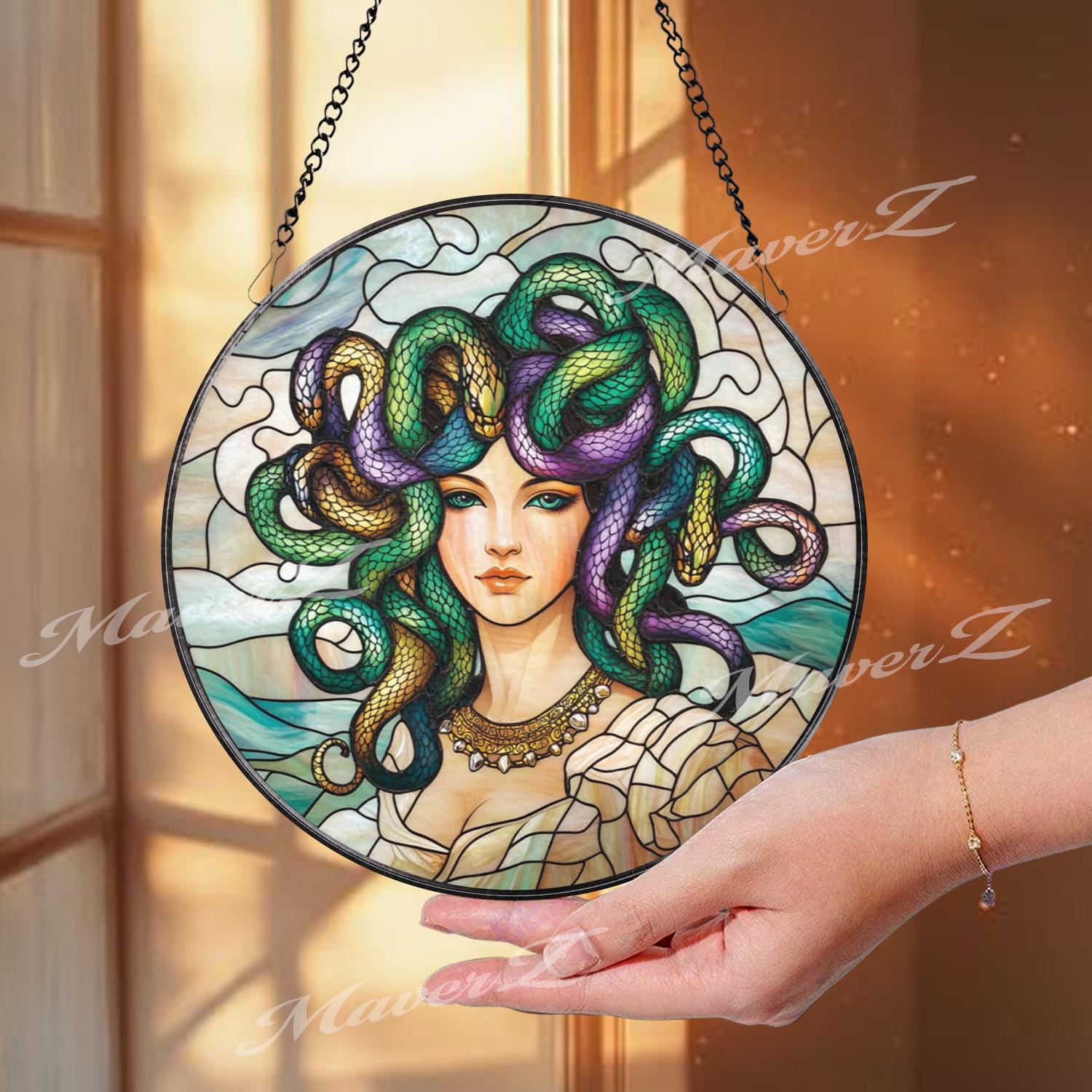 Medusa Stained Glass Suncatcher, Mythical Goddess Window Panel, Greek Mythology Decor, Feminine Serpent Hair Art Gift