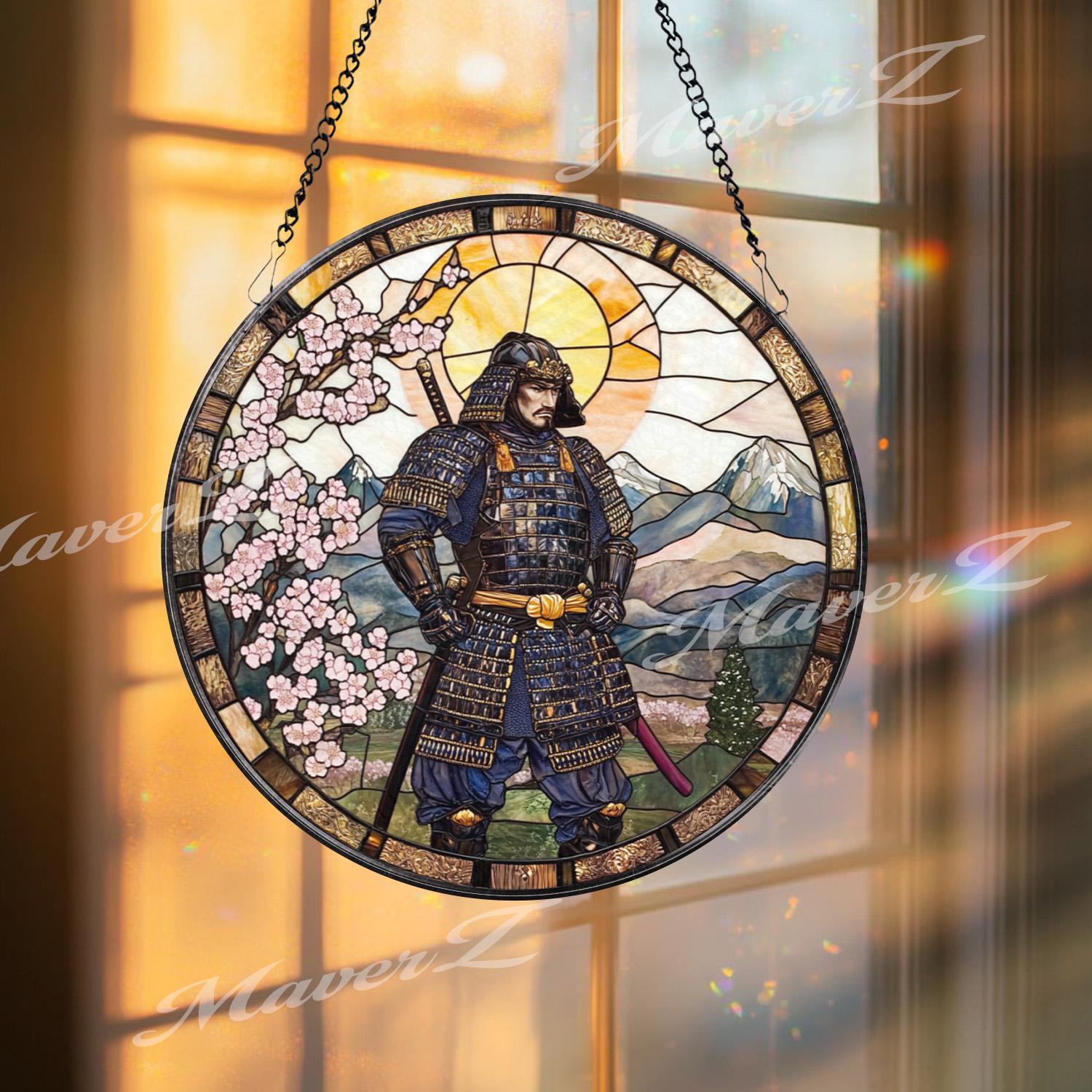 Traditional Japanese Samurai Stained Glass Suncatcher with Cherry Blossoms and Mountains, Warrior Window Art, Zen Home Decor Gift