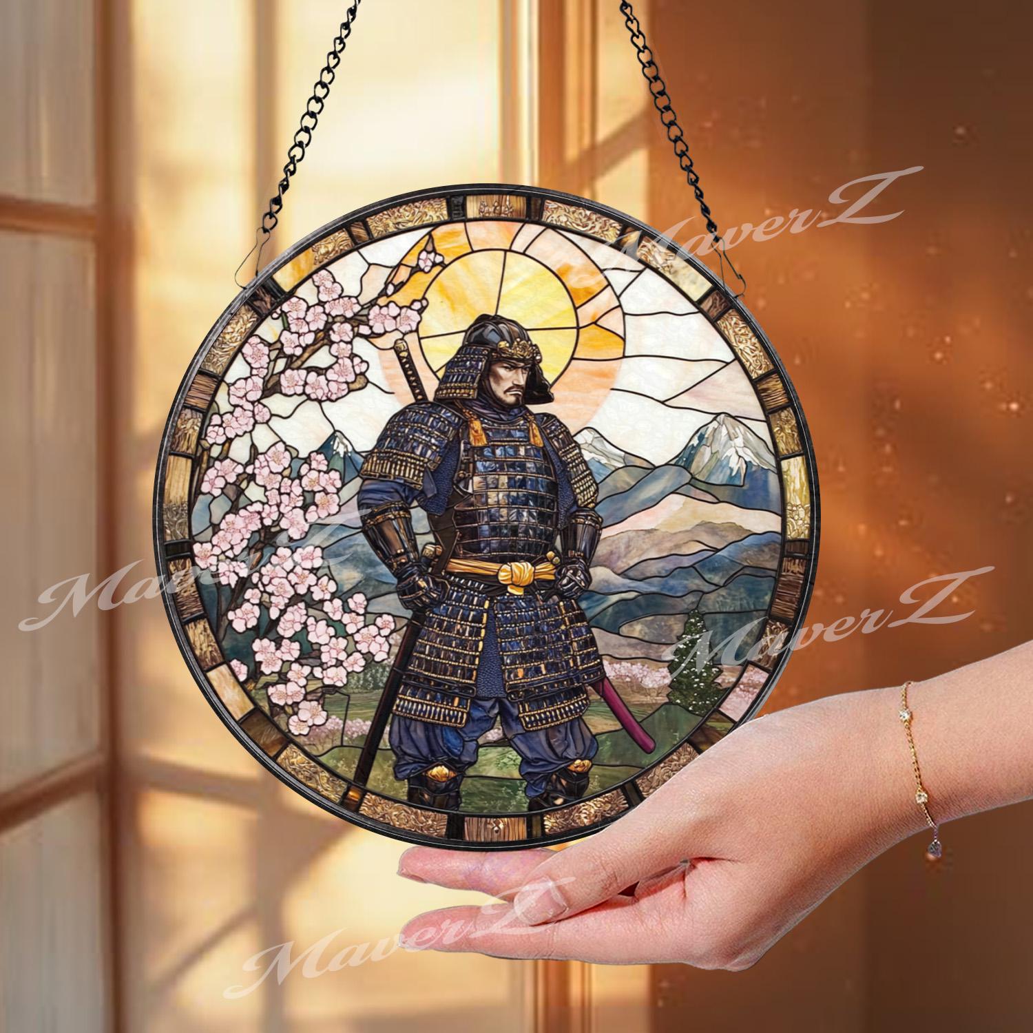 Traditional Japanese Samurai Stained Glass Suncatcher with Cherry Blossoms and Mountains, Warrior Window Art, Zen Home Decor Gift