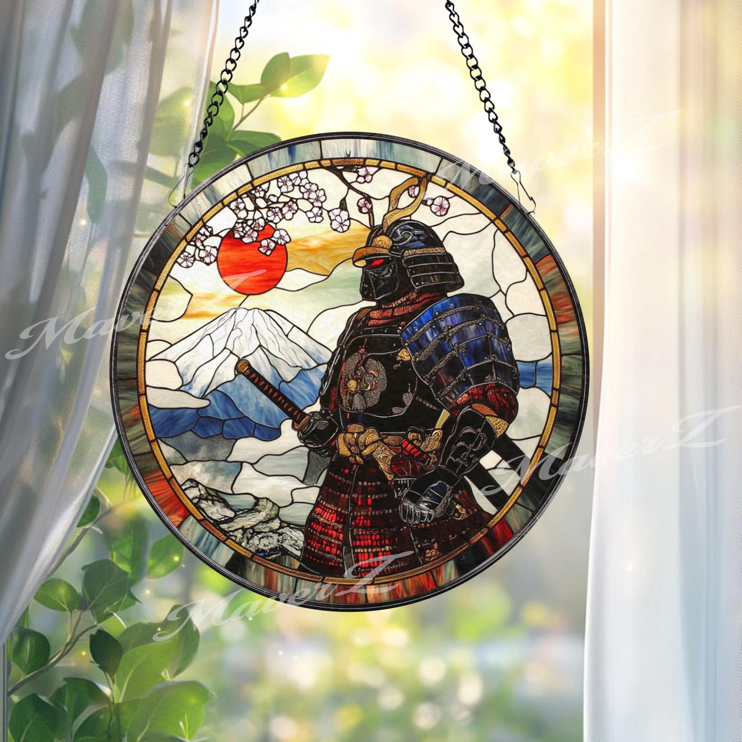 Japanese Samurai Stained Glass Suncatcher with Mount Fuji and Cherry Blossoms, Traditional Warrior Window Hanging Decor Gift